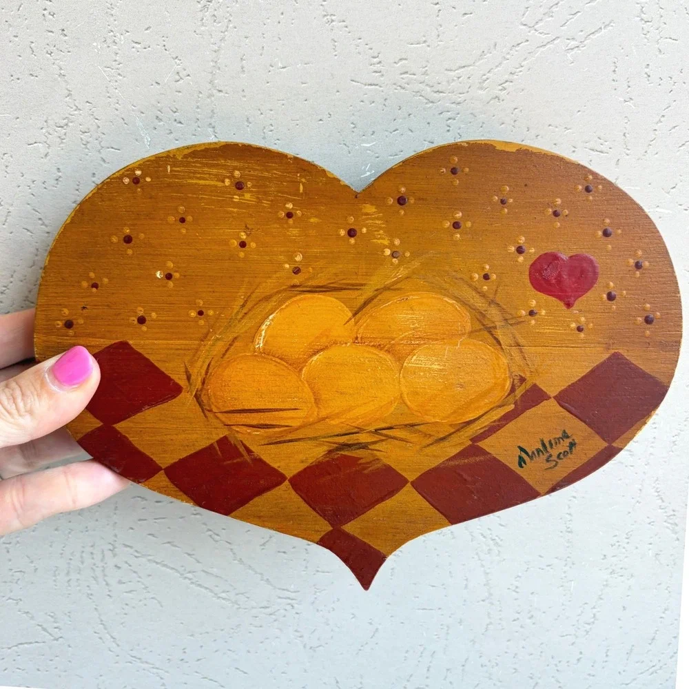 Marlene Scott Hand Painted Wood Heart Folk Art Wall Plaque Egg Nest Farmhouse